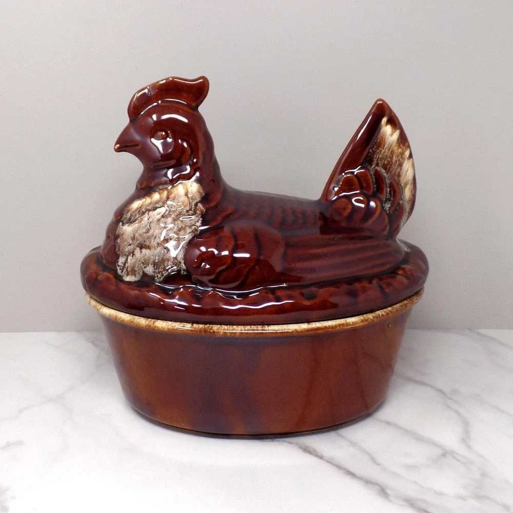 Vintage Hall Ceramic Hen on Nest Covered Dish, House 'n Garden Mirror Brown